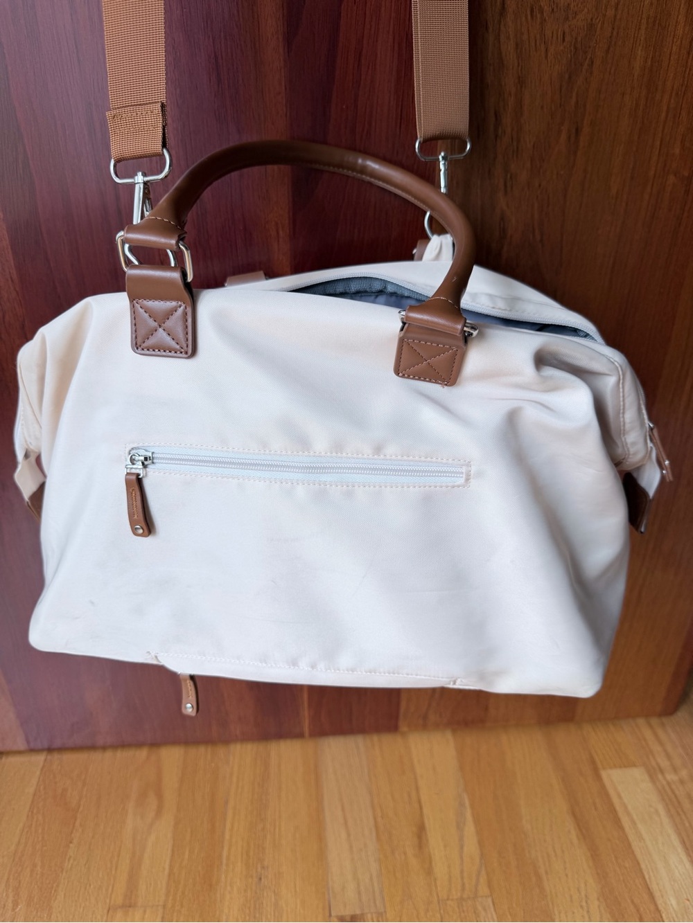 Neutral Cream Travel Weekender with Brown Trim